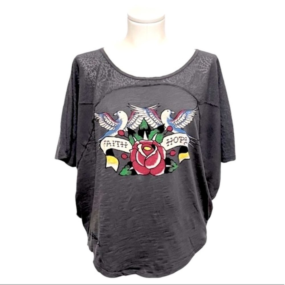 ED HARDY gray batwing tattoo art birds Faith Hope roses lace hi low top M